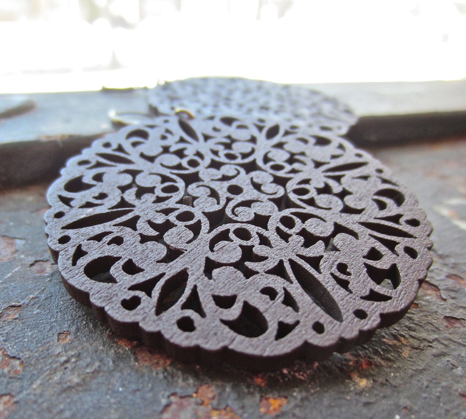 Farmers market earrings - wood filigree - wood cut-chocolate brown earrings