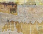 Greeting Card - High Quality Fine Art Print - Laundry on Lines - Sheet Music - Buildings - always remember this place