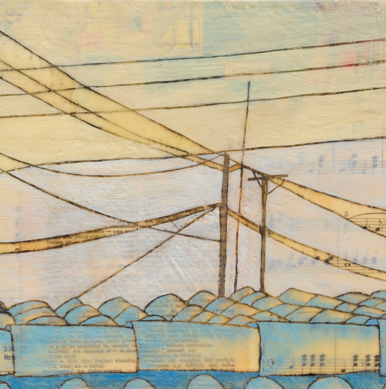 Mixed-Media Encaustic Painting- Rooftop and Power Lines- Fine Art Print: fragile & so strong