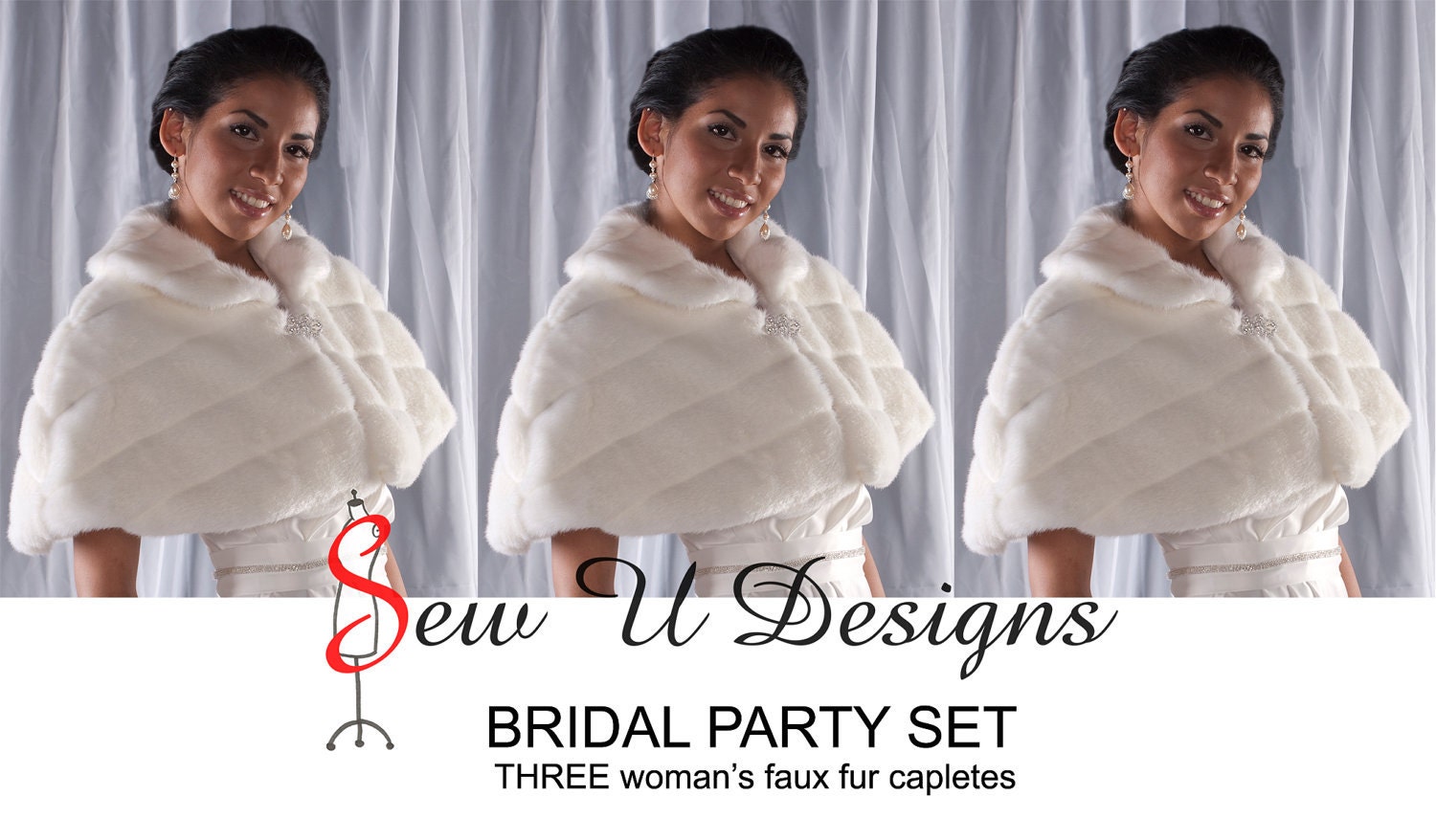 Bridal Party set of Faux fur capelets THREE woman's winter wedding capes Available in white, ivory, cream or black grooved faux fur