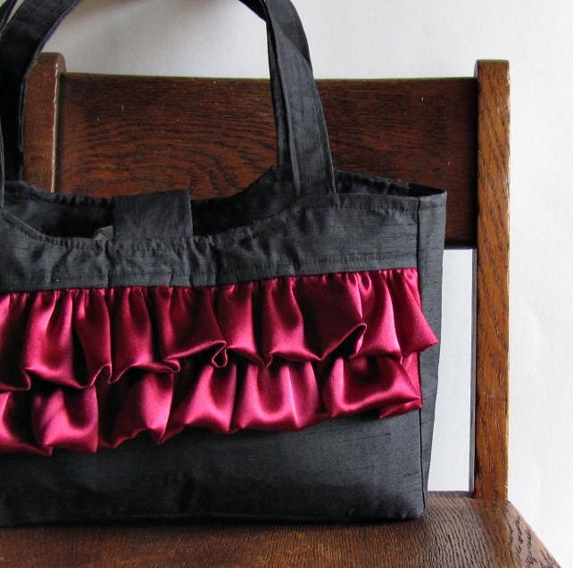 Black Ruffle Purse with Raspberry Lining - SouthernTwistedBags