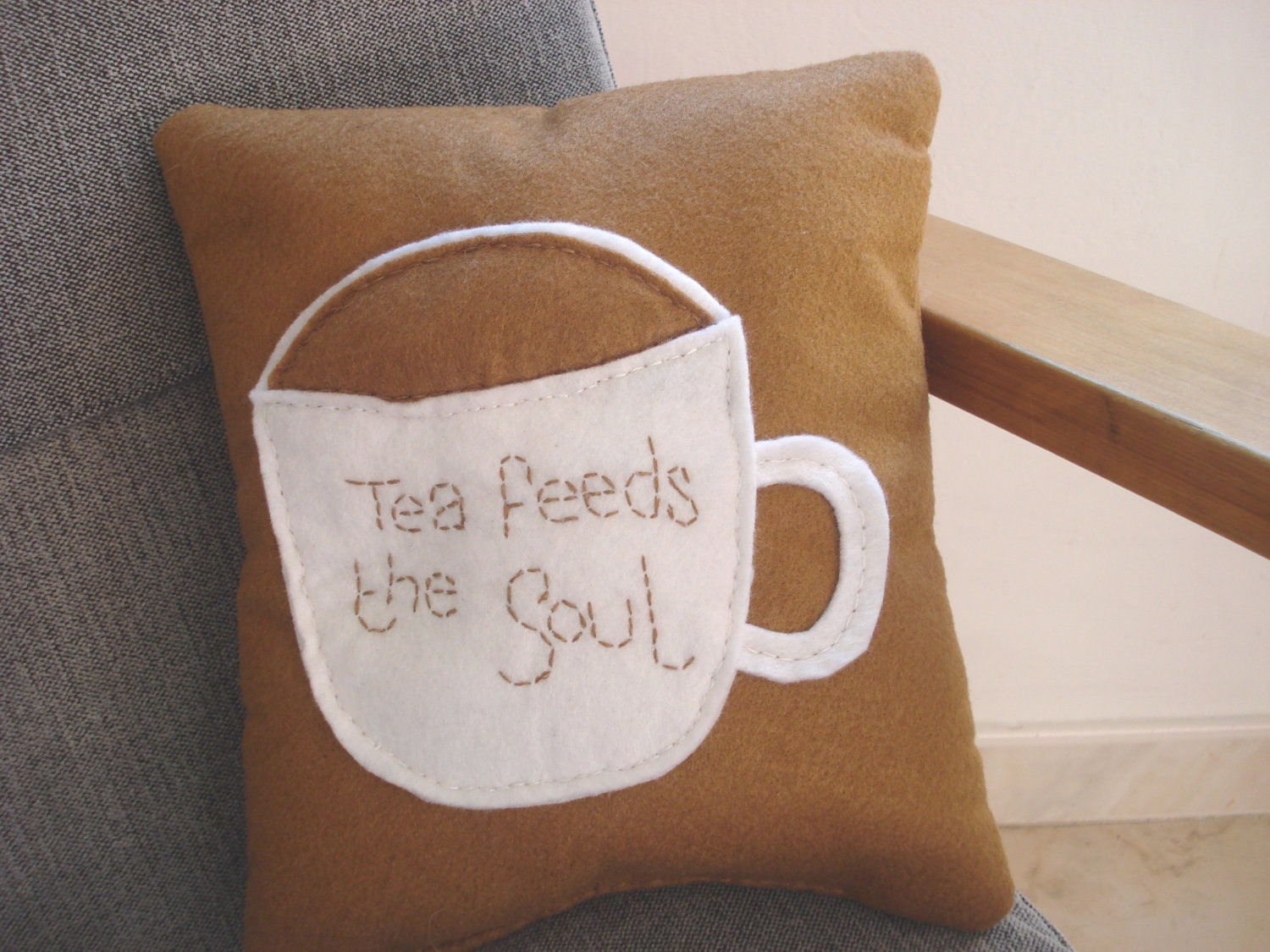 Mini Scatter cushion, felt push "Tea" quote cushion in brown and white felt with embroidery detailing