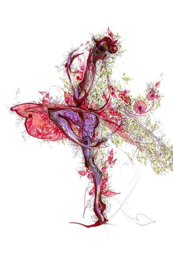ballet with vintage floral textured spring pink fashion details -  drawing