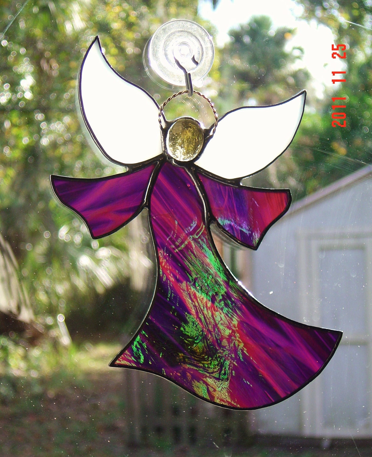 Iridescent Purple Handmade Stained Glass Angel Suncatcher with Halo