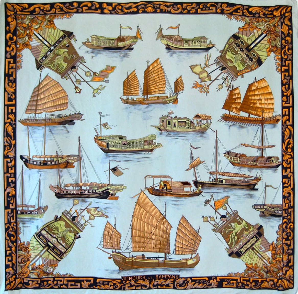 HERMES Jonques et Sampans by Francoise de la Perriere Silk Scarf Authentic Vintage