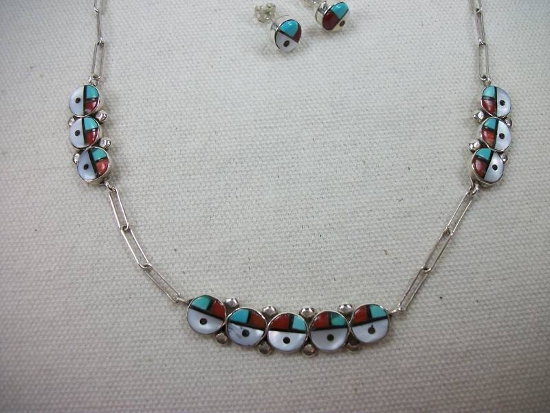 1950s Beautiful ZUNI SUN FACE Stone inlay Sterling Silver Vintage Necklace and Earring Set