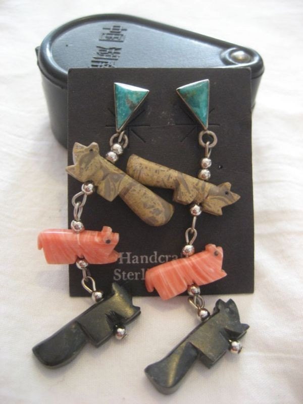 Carved Fetish Coral Tigers Eye Black Onyx Turquoise and Sterling Silver Vintage Earrings