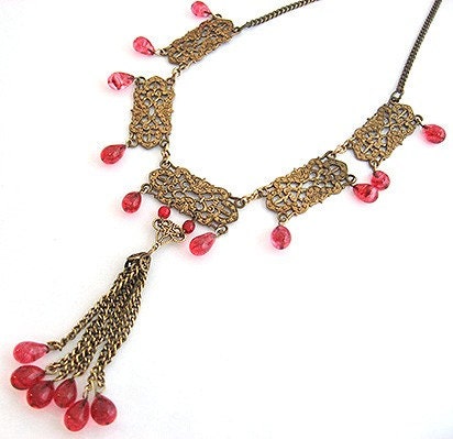 1930s Art Deco fuchsia Glass Ornate Brass Tassel Vintage Necklace