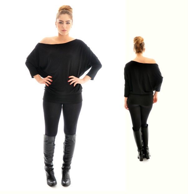 ON SALE- Black Top- Dolman oversize cotton black top with long sleeves