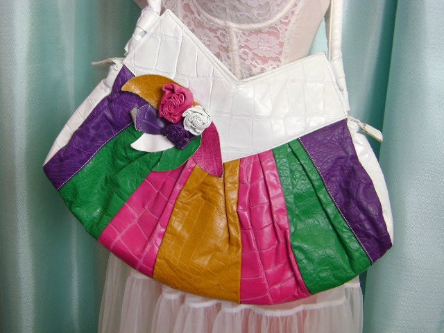 80s purse 1980s vintage GIANT COLOR block soft leather faux alligator pouch shoulder hand bag purse big
