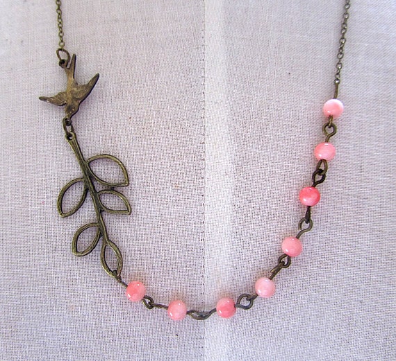 Romantic Love  - Coral Pink round beads with leaves and bird connected necklace