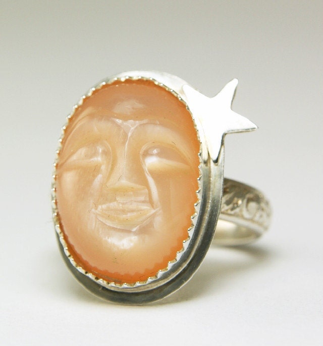 Natural Peach Moonstone Ring, Sterling Silver, Carved Face-made to order in your size