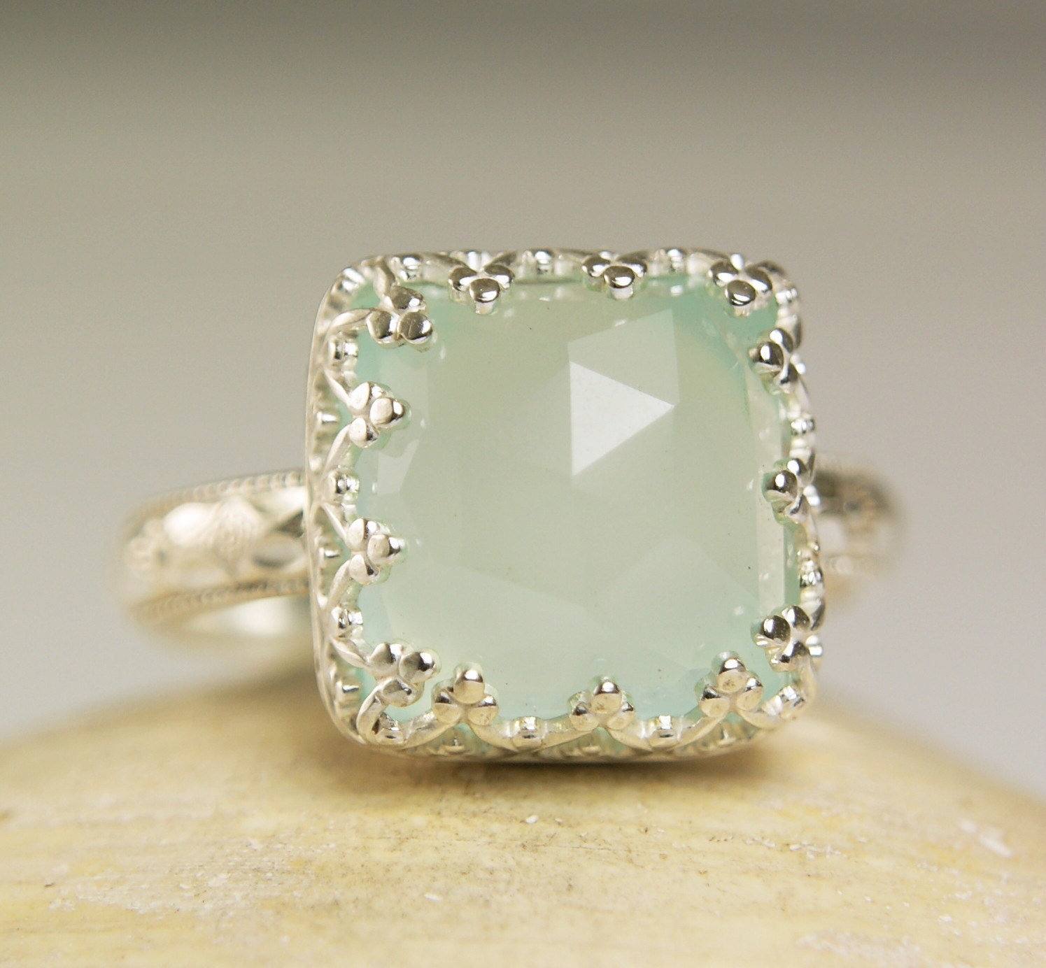 Sterling Silver Chalcedony Ring, Natural Aqua Stone, Crown of Hearts, Faceted Genstone-made to order in your size