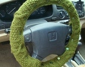 Knit Steering Wheel Cover (Pesto Green) with safety rubber backing, machine washable