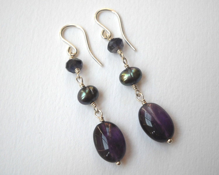 Iolite Amethyst and Pearl Earrings - Sterling Silver Beaded Dangle Earrings Beadwork Earrings