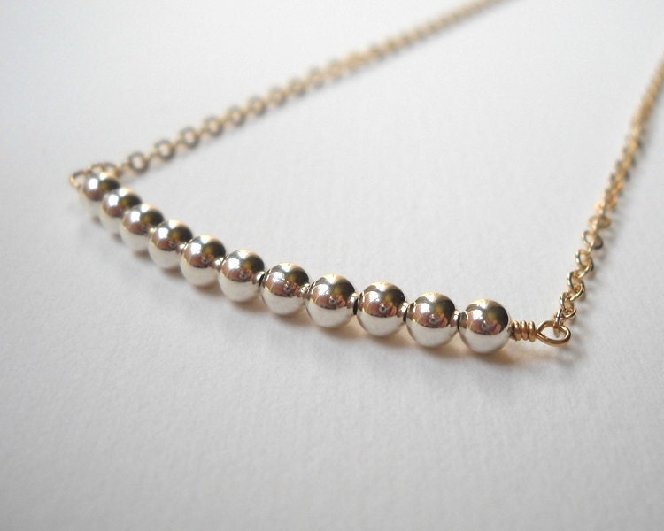 Beaded Bar Necklace - Sterling Silver Gild Filled Two Tone Row Necklace Beadwork Necklace