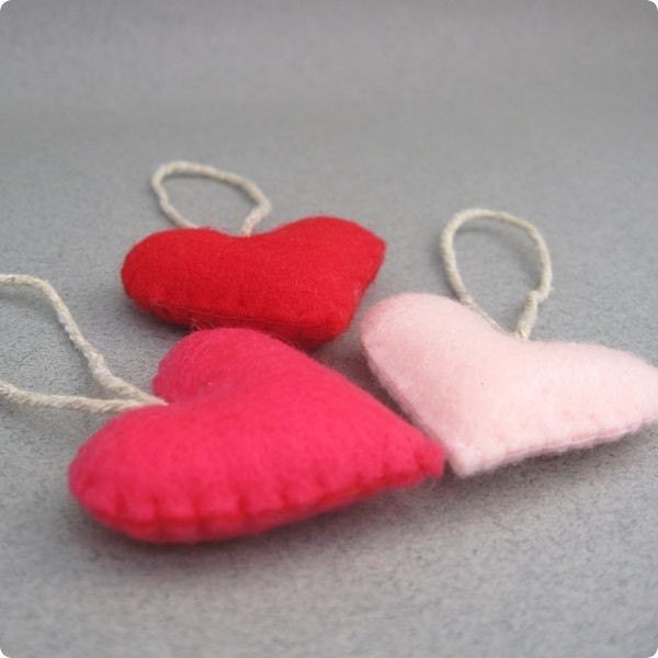 Small Valentines Heart Ornaments Recycled Felt Red, Shocking Pink, Baby Pink