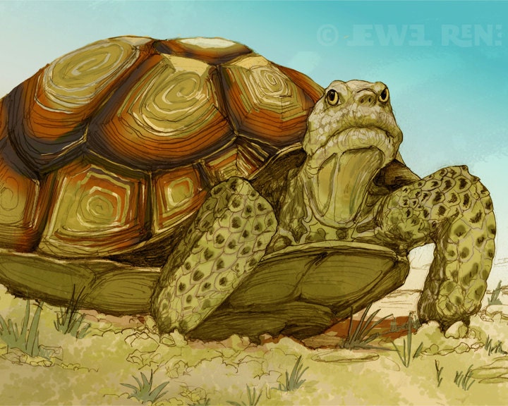 Desert Tortoise Art Print - 11x14 Reptile Art Print, Watercolor Inspired, Blue Gold Green