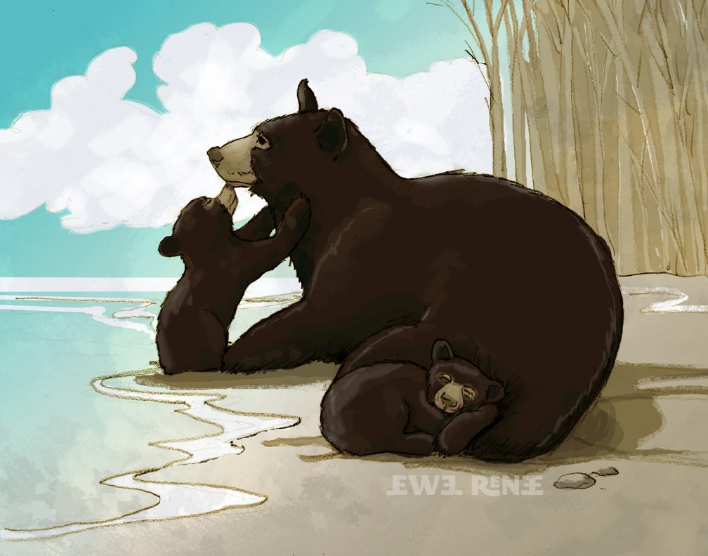 Mama Black Bear and Cubs Art Print - Blue Brown Cream Art - Watercolor Inspired 8x10" Print