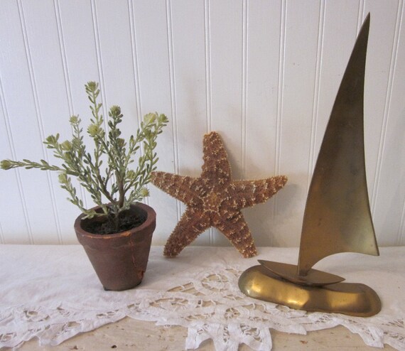 Brass Sailboat, Tall Sunfish Style Boat, vintage charm, beach cottage, lake house, seaside decor, nautical objet d'art