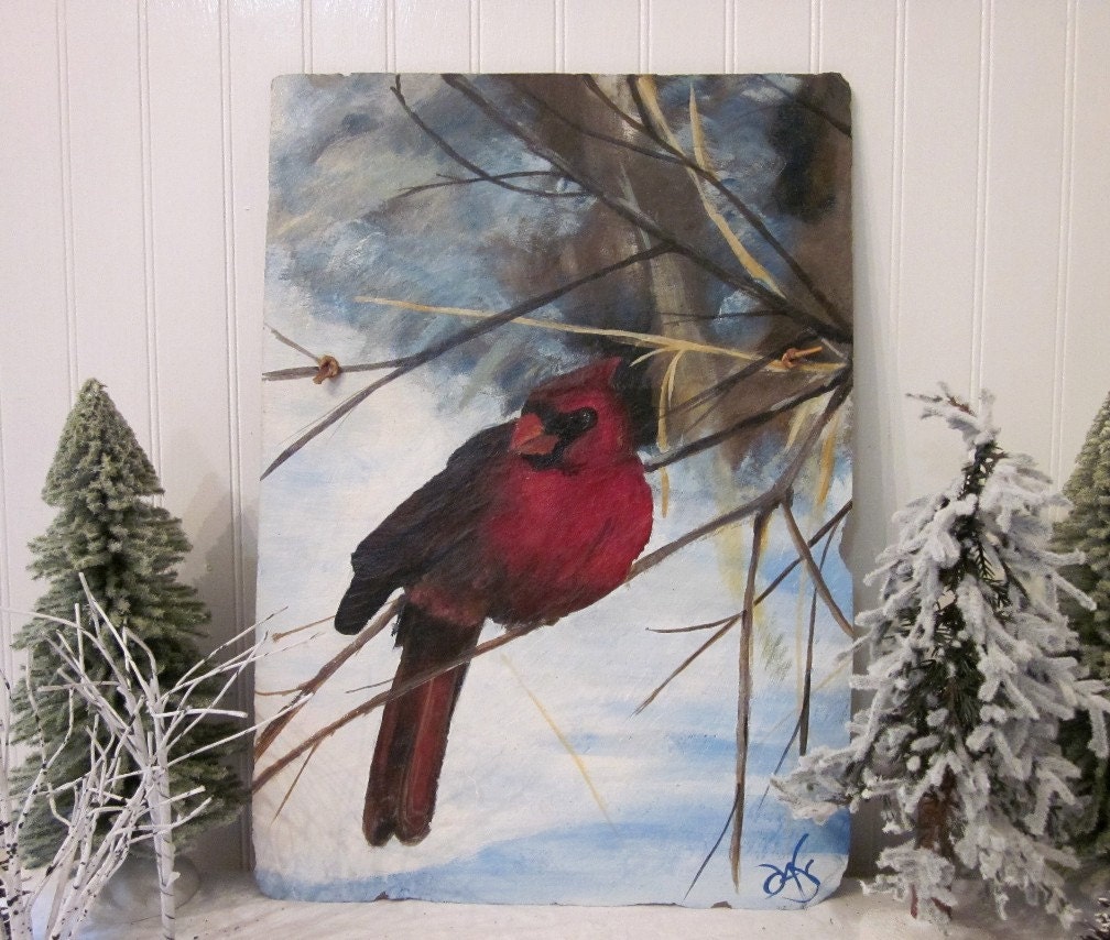 Red Cardinal in Winter Snow on vintage distressed roofing slate. Stunning handpainted original rustic art wall decor