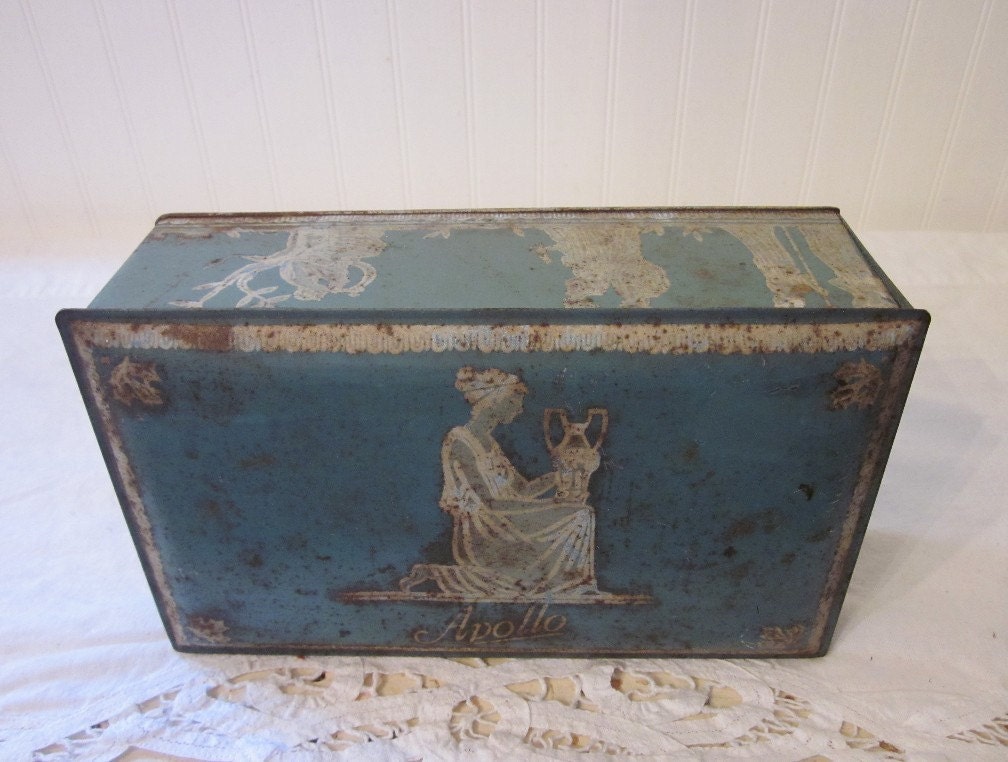 vintage Apollo Chocolates 1 lb Tin Box by F.H. Roberts Co., Boston, Mass. Greek Goddess, white on blue, chippy, rustic & distressed