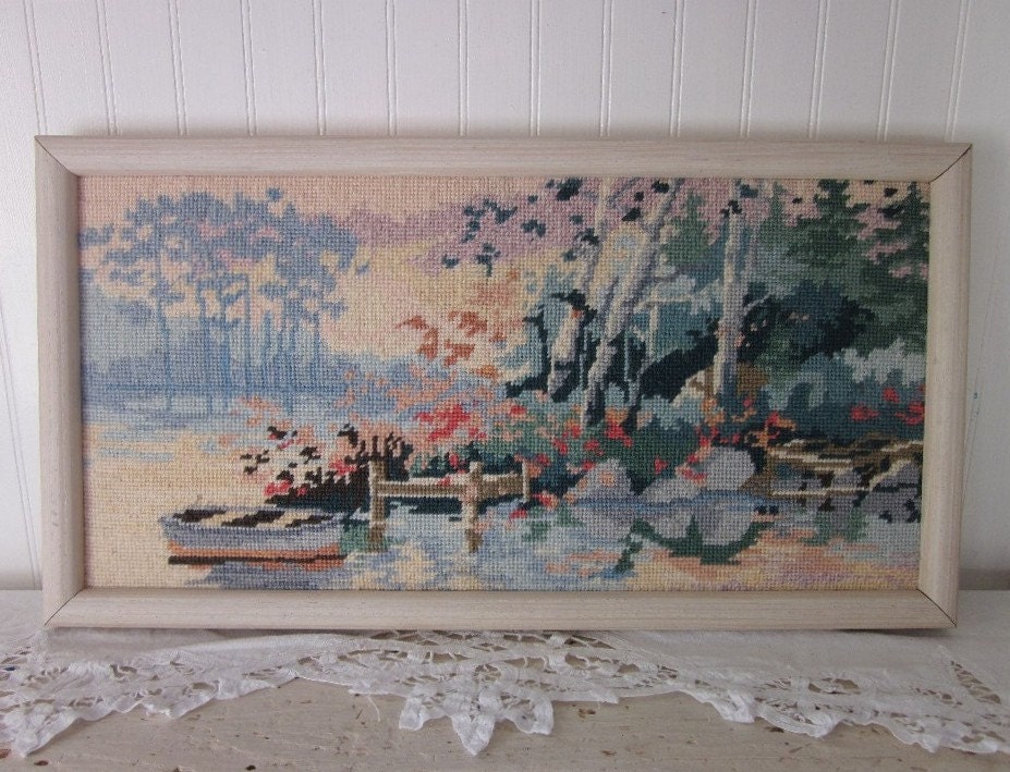 vintage Needlepoint, framed. Impressionist style pastel NATURE water scene whitewashed wood frame, charming vintage needlework