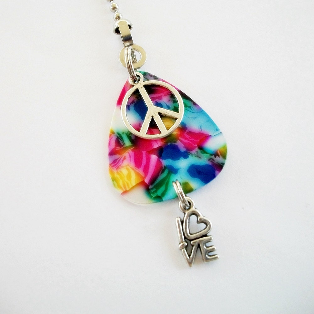 Guitar Pick Fan Pull Peace & Love Pink Tie Dye