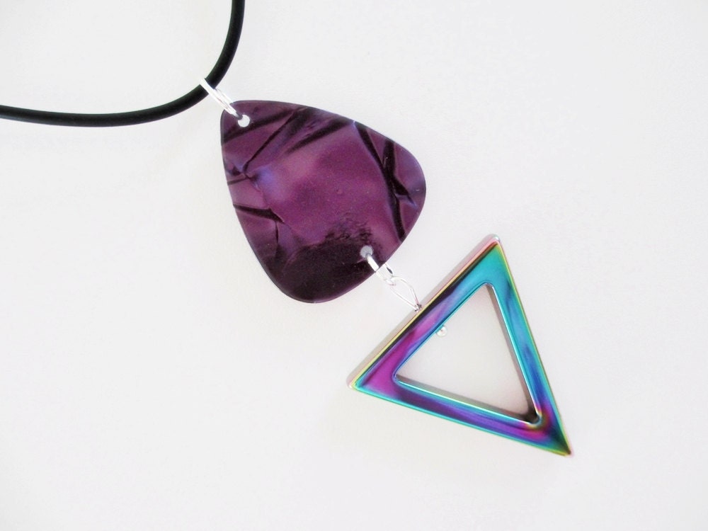 SALE Guitar Pick Necklace Hematite Triangle Purple Pearloid