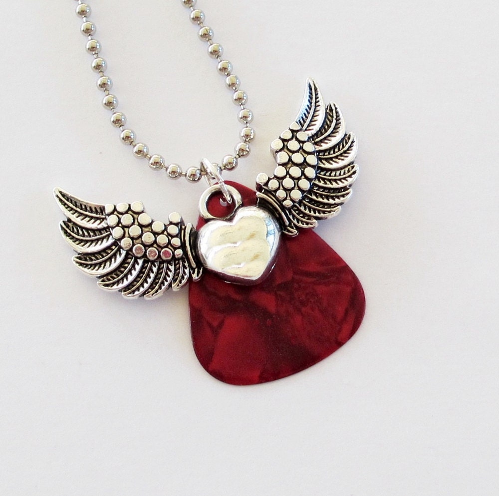 Guitar Pick Necklace Winged Heart Red Pearloid