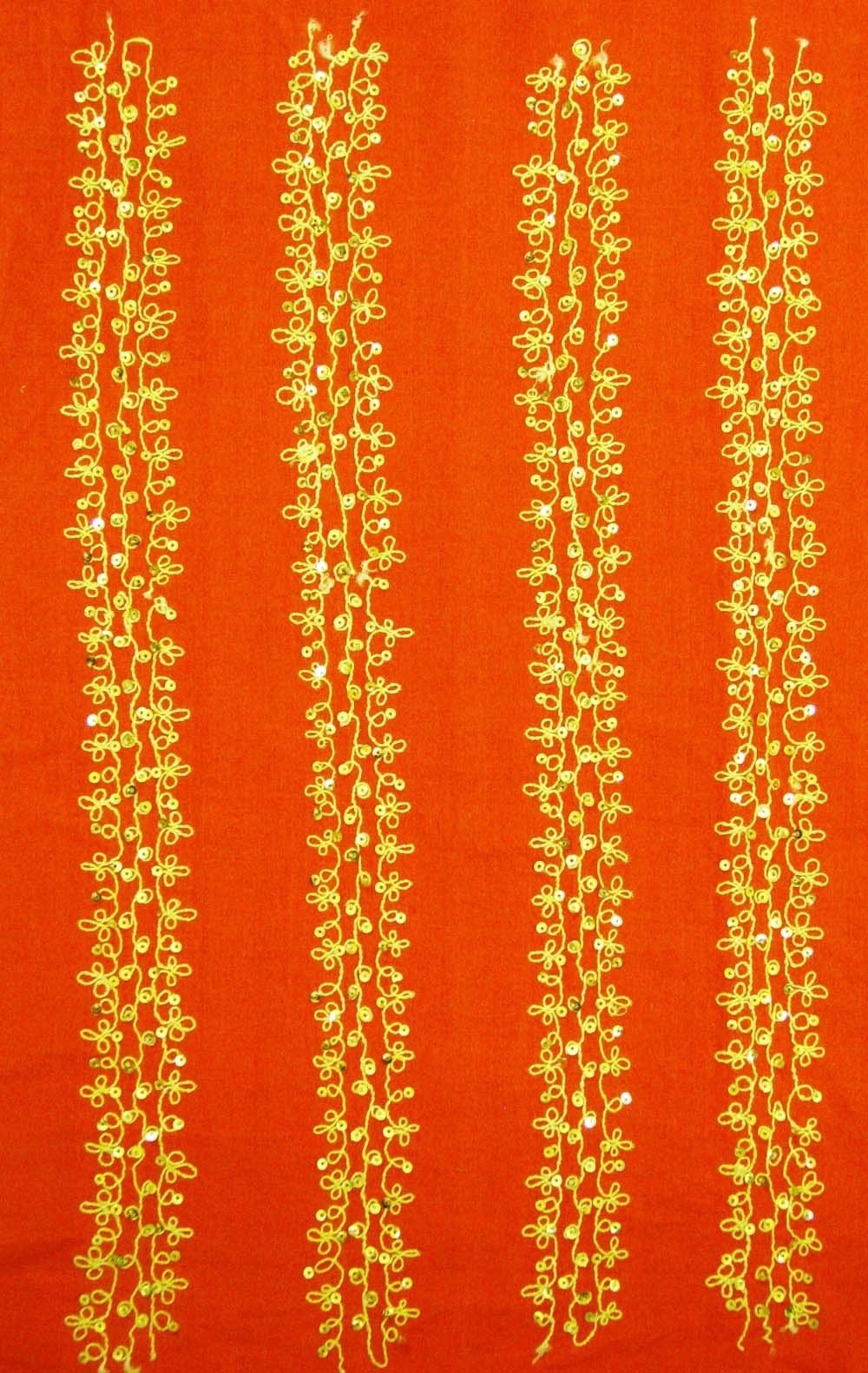 Embroidered scrap- Bright Orange-Red  with Yellow thread and Gold sequin  embroidery.