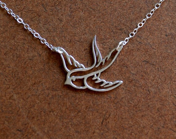 Small sterling silver bird in flight necklace by jersey608jewelry