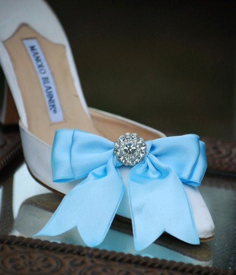 Sparkly Blue / White Bow Shoe Clips. Shiny Rhinestones. Fashionista Night Out Couture, Satin Ribbon More Colors: Sage Pink Red Black