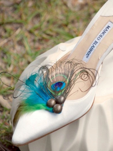 Shoe Clips Peacock & Rooster Feathers. Photo Prop Girls Night Party Gift, Metallics Bronze Teal, Boudoir Burlesque, Couture Bridesmaid Bride