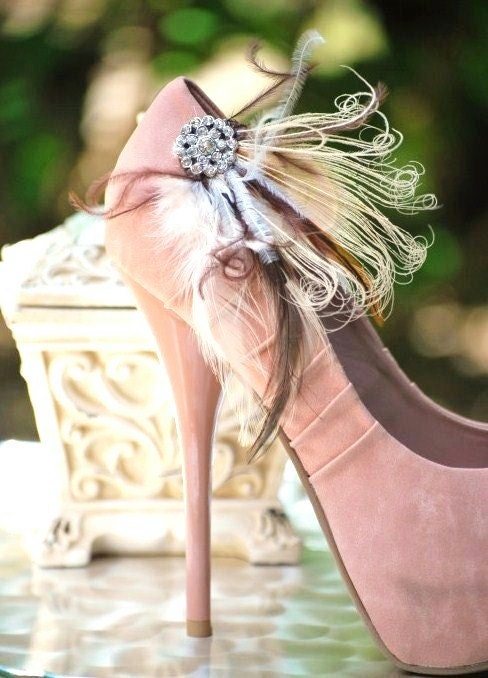 Shoe Clips Ivory Brown & Rhinestone. Bride Bridal Bridesmaid MOH Couture Big Day, Warm Spring Fashion Wedding, Edgy Bold Pearl Center
