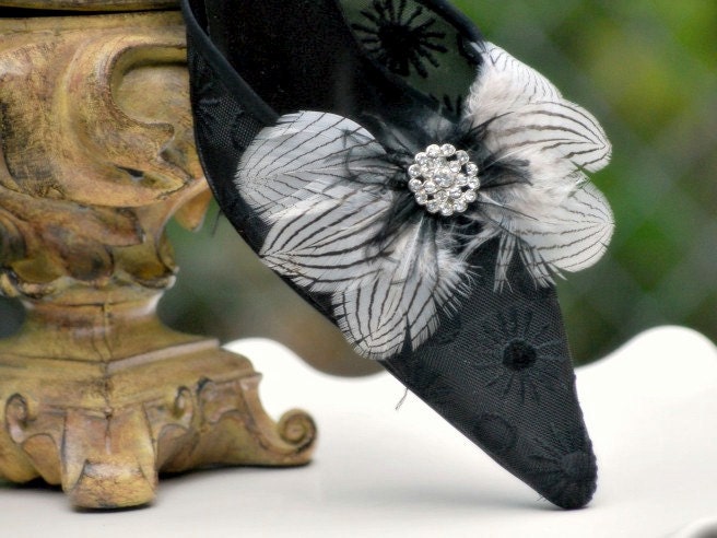 Black & White Bow Shoe Clips. Rhinestone Couture Statement Bridal Bride Bridesmaid. Gossip Girl Summer Fashion. Elegant Boudoir Stylish Gift