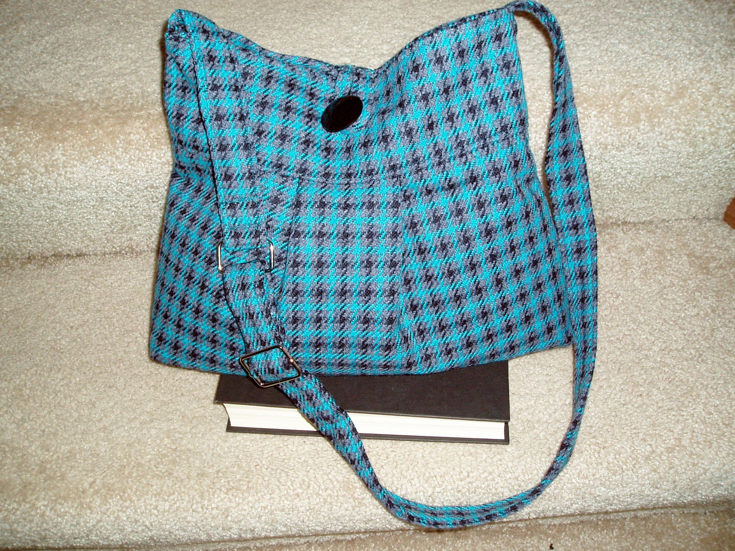 Medium Black Gray Turquoise  Pleated Bag with Adjustable Strap