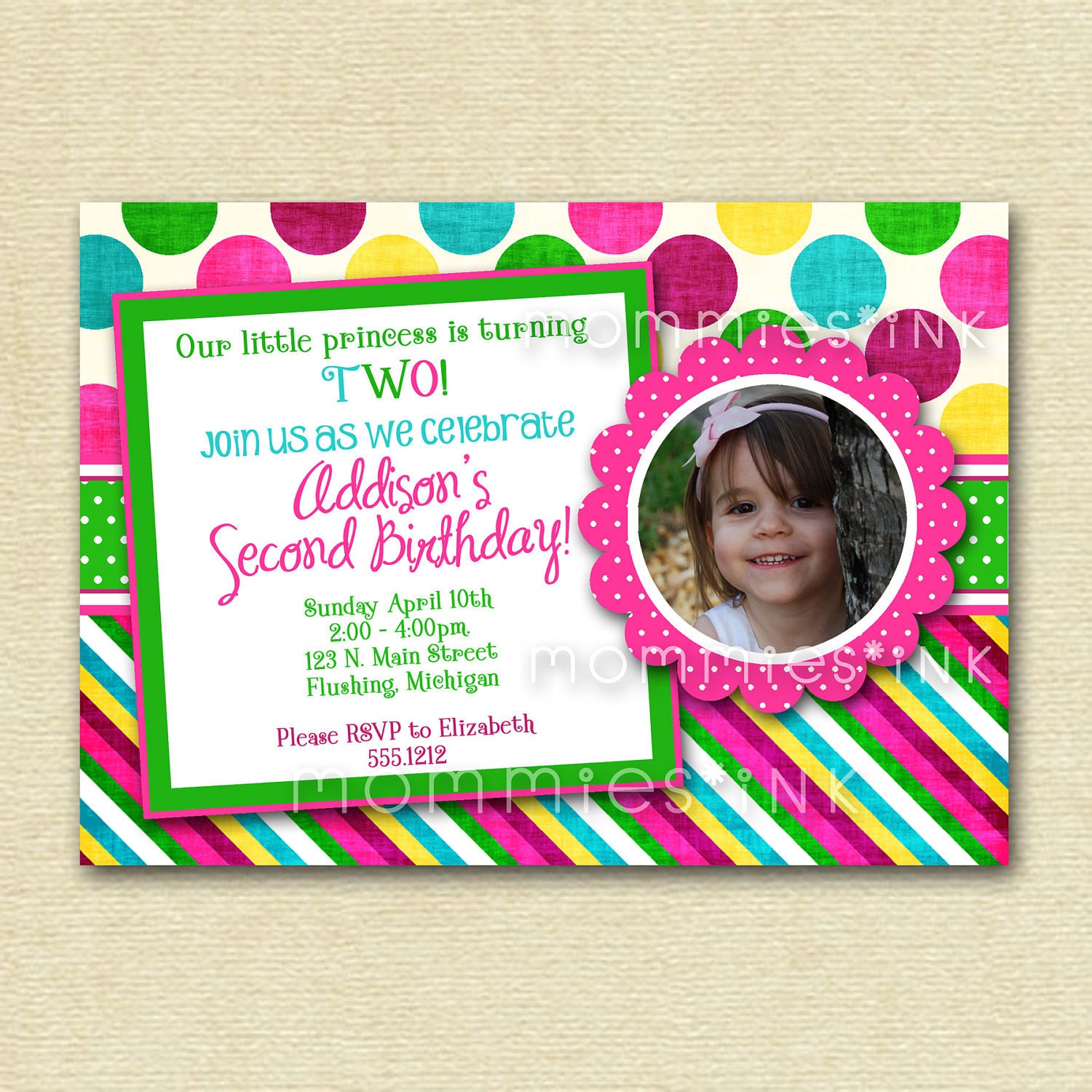 Bright Watermelon Dots and Stripes Photo Birthday Invite - PRINTABLE INVITATION DESIGN Il_170x135