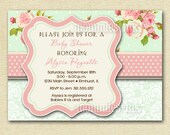 Shabby Chic Pink Roses and Mint Green Polka Dots Baby Shower Invite - PRINTABLE INVITATION DESIGN Il_170x135