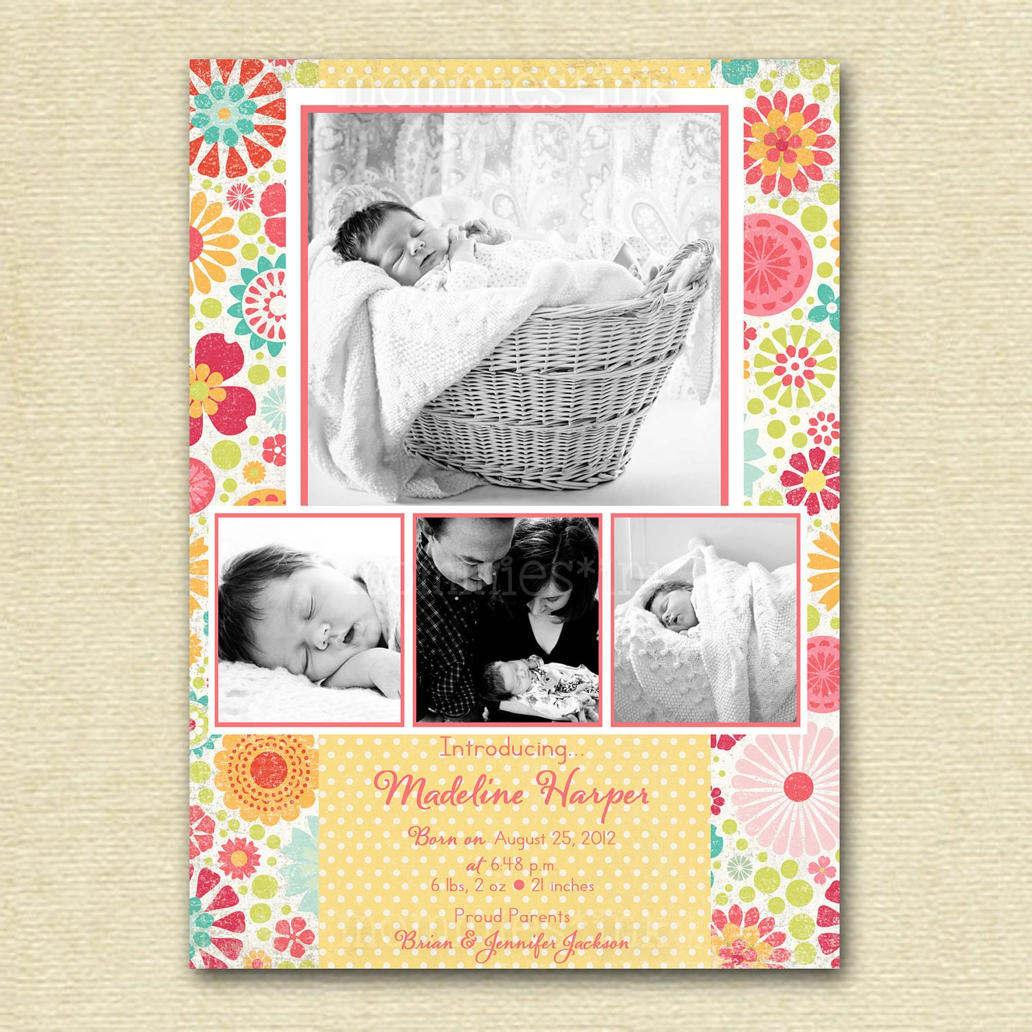 Shabby Chic Vintage Colorful Flowers 4 Photo Birth Baby Announcement - PRINTABLE ANNOUNCEMENT DESIGN Il_170x135