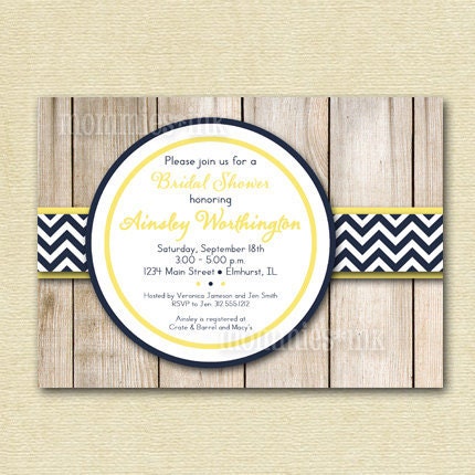 Wood Grain Fence with Chevron Accent Bridal Shower Invite - Navy Blue and Yellow - PRINTABLE INVITATION DESIGN Il_170x135