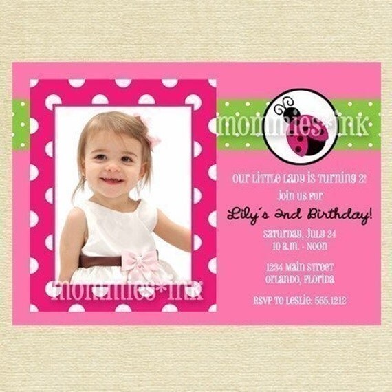 Dotty Ladybug 2 - Custom Photo Birthday Invitation - Pink Green and White - PRINTABLE INVITATION DESIGN Il_570xn