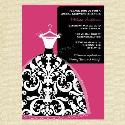 Bold Damask Wedding Dress Bridal Shower Invitation - Customizable - PRINTABLE INVITATION DESIGN Il_570xn
