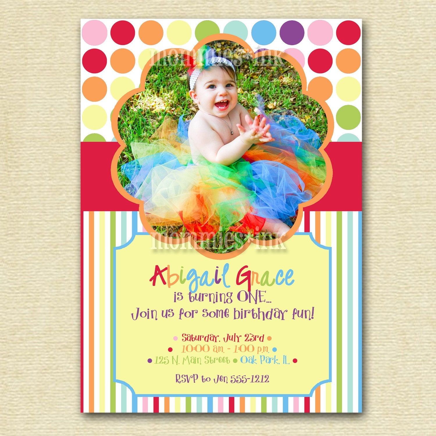Rainbow Dots and Stripes Photo Birthday Invite - PRINTABLE INVITATION DESIGN Il_570xn