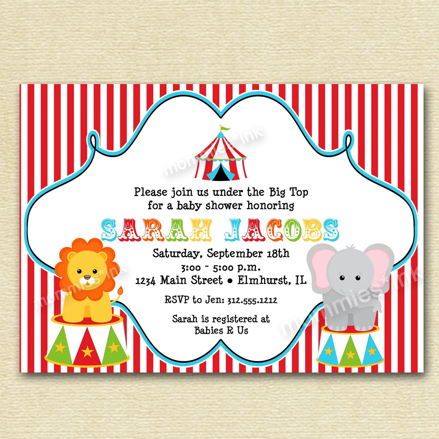 Circus Big Top Baby Shower Invitation - PRINTABLE INVITATION DESIGN