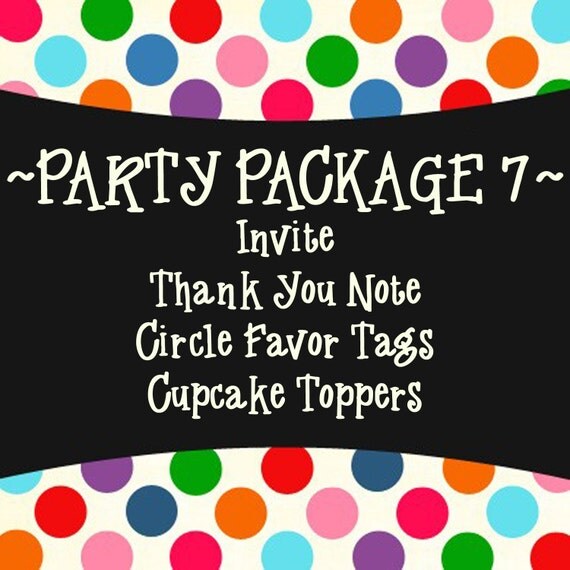 Party Package 7 - Invite, Thank You, Cupcake Toppers and Circle Favor Tags - PRINTABLE DESIGNS Il_570xn