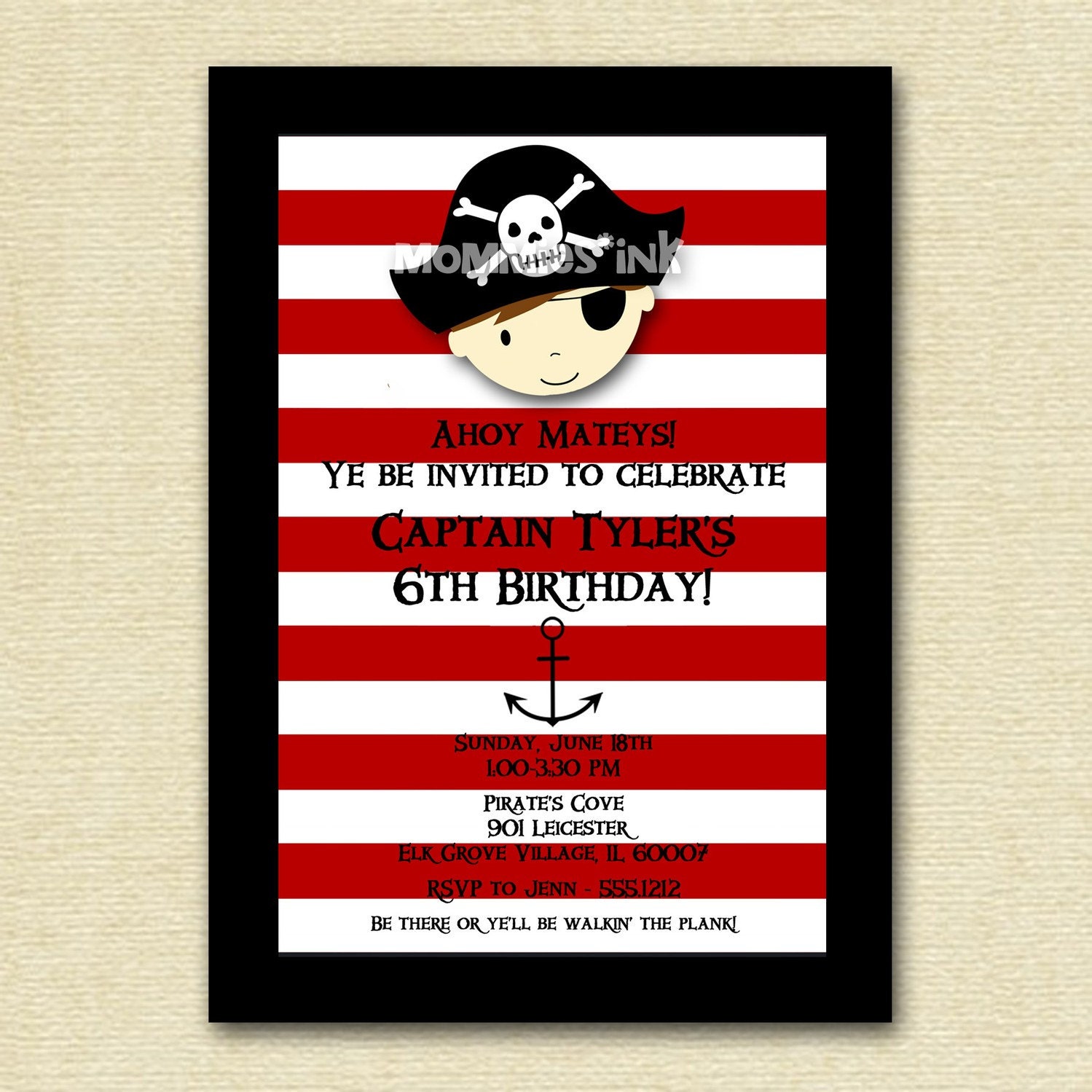 Pirate Stripes Birthday Invitation - PRINTABLE INVITATION DESIGN Il_570xn