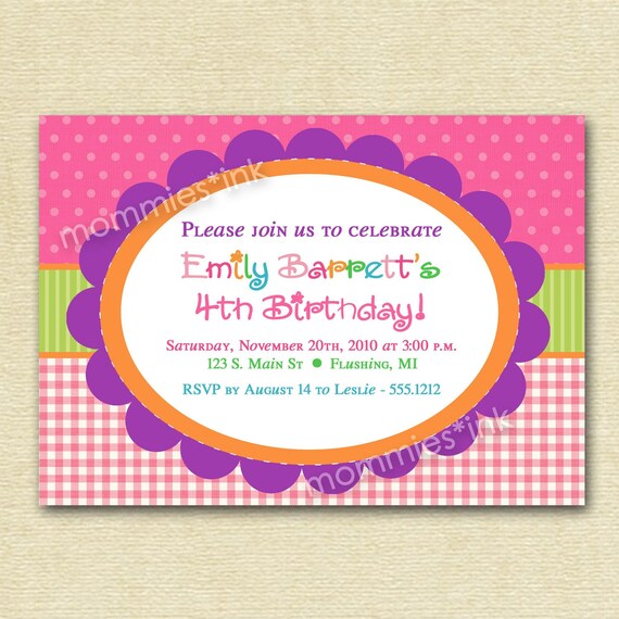 Gingham Bright Polka Dot Birthday Invite - PRINTABLE INVITATION DESIGN Il_570xn