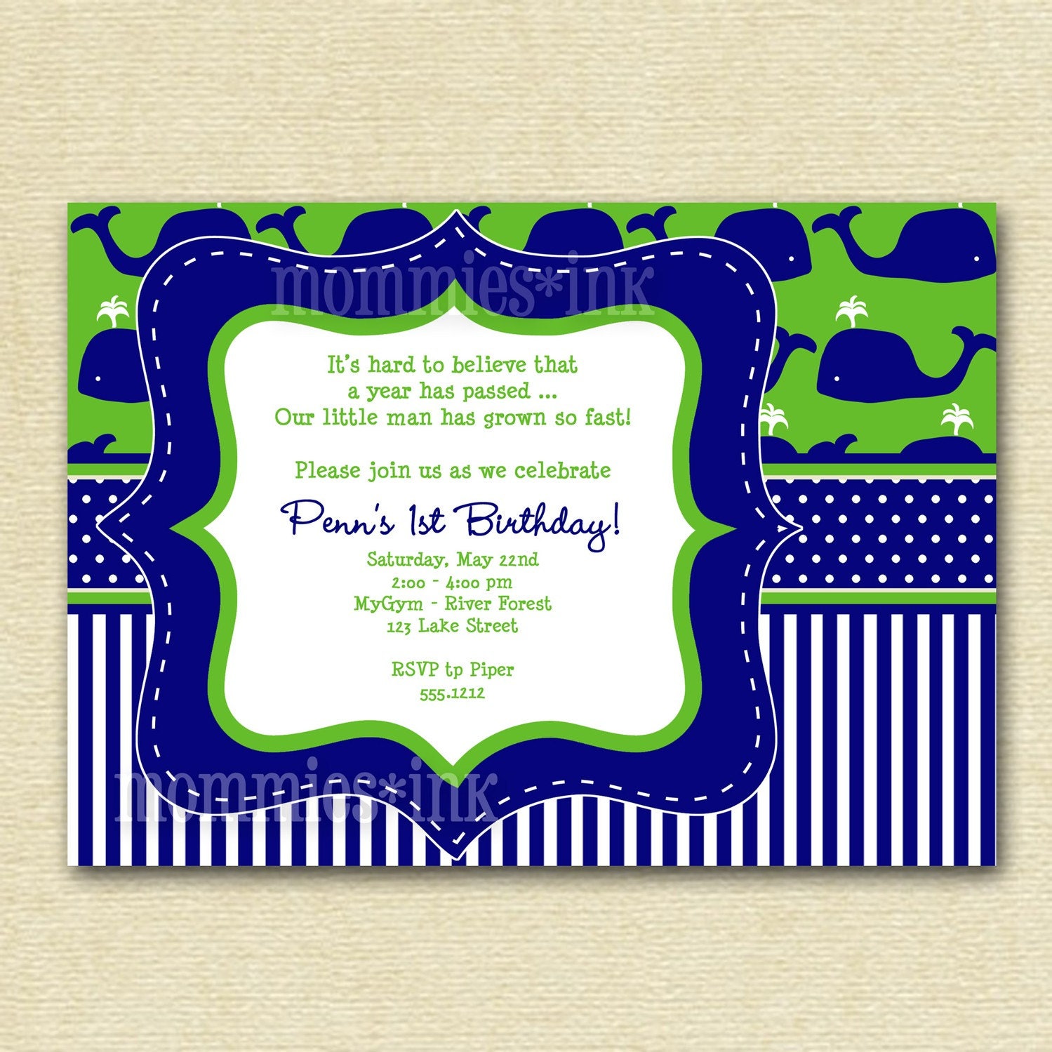 Preppy Whale Birthday Party Invitation - PRINTABLE INVITATION DESIGN Il_570xn