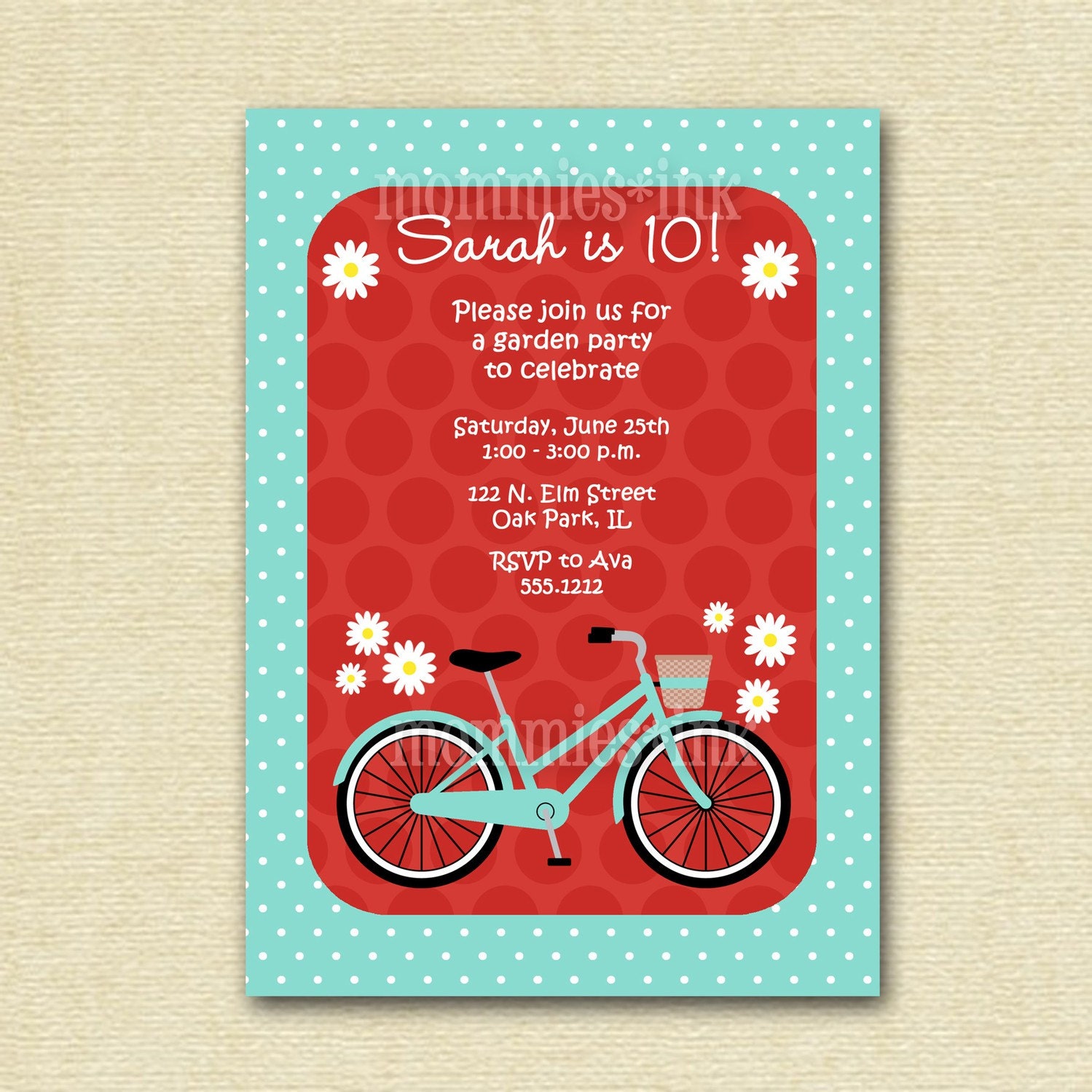 Vintage Bicycle and Daisies Birthday Party Invitation - PRINTABLE INVITATION DESIGN Il_570xn